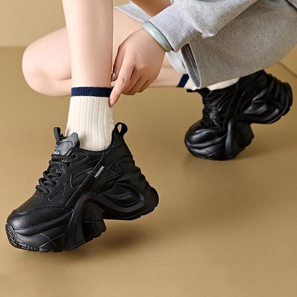 CYNLLIO Womens Sneakers Round Toe Platform Wedges High Heels  Women\'s Black Platform Lace Up Wedge Fashion Comfortable Casual Sneaker Shoes
